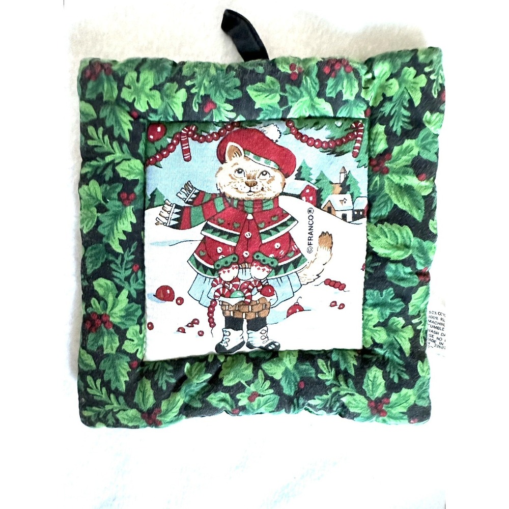 VINTAGE FRANCO Christmas Cat Country Cottage HOT PAD POTHOLDER